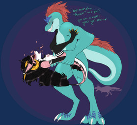 ahegao ambiguous_penetration anthro black_hair black_tail_tuft blue_eyebrows blue_text blush breasts breath claws duo eye_roll eyebrows female female_penetrated fleshlight_position fucked_silly geometric_background gold_nipple_piercing golden_claws good_girl hair hand_around_abdomen heart_emanata heart_on_ear holding_tail humiliation humiliation_text logo long_hair looking_pleasured male male/female male_penetrating male_penetrating_female moan nipple_piercing nipples penetration piercing pink_body purple_background red_hair scuted_legs scutes sex simple_background size_difference small_breasts smaller_penetrated tail tail_tuft text toothy_grin tuft turquoise_body white_body white_claws trexqueen lazo queenie_(trexqueen) allosaurid allosauroid allosaurus dinosaur prehistoric_species reptile saurischian scalie theropod wickerbeast 2022 alpha_channel artist_logo artist_name hi_res