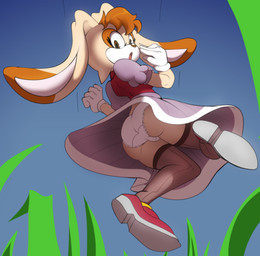 anthro butt clothed clothed_anthro clothed_female clothing dress female grass hand_to_own_mouth outside panties plant simple_background solo surprised underwear upskirt tobitobi90 sega sonic_the_hedgehog_(series) vanilla_the_rabbit lagomorph mammal 2025 absurd_res hi_res