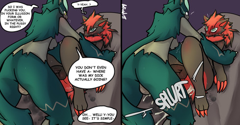 accidentally_gay after_sex anthro balls blush bodily_fluids butt claws cum cum_in_ass cum_inside dialogue duo fur genital_fluids genitals male male/male nude penis profanity simple_background speech_bubble text brradett nintendo pokemon jet_(blitzkatz3) generation_5_pokemon generation_7_pokemon legendary_pokemon mammal pokemon_(species) zeraora zoroark absurd_res colored comic digital_media_(artwork) english_text hi_res