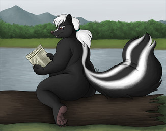 anthro butt eyewear glasses log male mountain newspaper overweight solo water wood bigladydragon mammal mephitid skunk