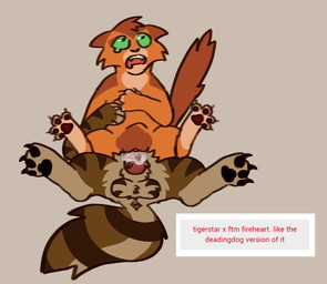 animal_genitalia brown_body brown_fur bulge duo erection feline_genitalia female feral fur genitals male male/female orange_body orange_fur penetration penile penile_penetration penis penis_in_vagina questionable_consent vaginal vaginal_penetration vulva jinglecide warriors_(book_series) firestar_(warriors) tigerstar_(the_prophecies_begin) felid feline mammal