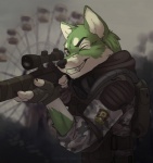 5_fingers aiming anthro backpack black_nose camo canid canine canis chernobyl clothed clothing cyrillic_text detailed_background digital_media_(artwork) eyebrows fingerless_gloves fingers fully_clothed fur gas_mask gloves green_body green_eyes green_fur gun half-length_portrait handwear holding_gun holding_object holding_ranged_weapon holding_weapon koul male mammal mask monolith_(faction) one_eye_closed outside portrait ranged_weapon rifle s.t.a.l.k.e.r. scope smile sniper_rifle solo teeth text trigger_discipline weapon white_body white_fur wolf