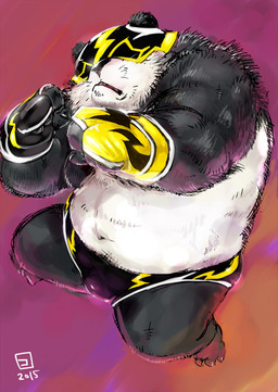 anthro belly black_body black_fur black_nose bulge clothing fur humanoid_hands kemono male mask navel overweight overweight_male solo underwear white_body white_fur wrestler conoji bear giant_panda mammal 2015