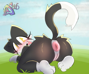 3_toes anthro anus big_anus blush butt cloud feet female genitals grass happy looking_at_viewer looking_back open_mouth outside plant rear_view sharp_fangs solo tail toes vulva yellow_eyes vytelux the_binding_of_isaac_(series) guppy_(tboi) domestic_cat felid feline felis mammal hi_res