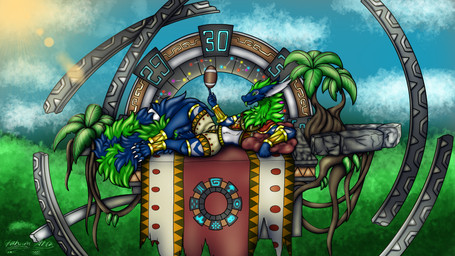 accessory anthro blue_body blue_fur carpet clothing floating fur green_body green_eyes green_fur male pillow plant ruins solo white_body white_fur hunamarts radlin 16:9 hi_res widescreen