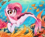 blush bubble eyebrows female gills grin hair looking_at_viewer orange_eyes seaweed smile underwater water nevobaster hasbro my_little_pony fan_character ambient_sealife fish marine seahorse syngnathid syngnathiform 2024 absurd_res digital_media_(artwork) hi_res