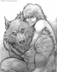 abs anthro biceps big_muscles bottomwear claws clenched_teeth clothed clothing crouching duo eye_contact fangs fur hair hug human_on_anthro interspecies larger_male long_hair looking_at_another looking_back looking_down male male/male muscular muscular_male nude pants pecs romantic romantic_couple scar sharp_fangs simple_background size_difference smaller_male smile teeth topless white_background hkluterman kyoht_luterman mythology canid canine human mammal mythological_canine mythological_creature werecanid werecanine werecreature werewolf 2013 detailed graphite_(artwork) greyscale monochrome traditional_media_(artwork)