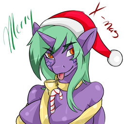 anthro breasts candy candy_cane christmas_clothing christmas_headwear clothing dessert eyebrows female food green_eyebrows green_hair hair hat headgear headwear holidays horn orange_eyes pink_tongue ribbons santa_hat simple_background solo tongue tongue_out white_background pi9o christmas mythology equid equine horse mammal mythological_creature mythological_equine pony unicorn