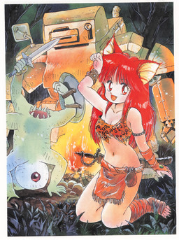 animal_ears animal_print armwear bangs border bracelet breasts bridal_gauntlets claws cleavage clothed clothing detailed_background fangs feet female fingernails footwear genitals hair holding_melee_weapon holding_object holding_sword holding_weapon jewelry kneeling leopard_print long_fingernails long_hair long_toenails looking_at_viewer machine melee_weapon nails navel open_mouth outside pelvic_curtain pointy_ears prick_ears raised_arm red_eyes red_hair retro_artstyle scabbard shield sword teeth toeless_footwear toenails toes weapon white_border tsuzuki_kazuhiko monster robot hi_res