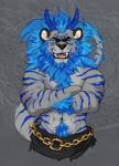 abs anthro beard biceps blue_eyes blue_hair chain clothed clothing crossed_arms facial_hair hair horn looking_at_viewer male muscular muscular_anthro muscular_male navel solo topless bigroundlion felid hybrid lion mammal pantherine tiger tigon 2018 hi_res