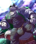 abs anthro big_bulge bulge clothing hoodie huge_bulge hyper hyper_bulge male muscular muscular_anthro muscular_male pecs red_sclera solo topwear daikitei lifewonders live_a_hero monomasa canid canine canis domestic_dog husky mammal nordic_sled_dog spitz 5:6 absurd_res hi_res