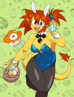abs basket blue_eyes breasts brown_hair bunny_costume clothing container costume easter_egg eyebrows eyelashes fangs female hair holidays humanoid_pointy_ears leotard open_mouth open_smile pointy_ears ponytail shirt_collar shirt_cuffs smile solo tail tail_tuft teeth tuft wide_hips yellow_body yellow_skin quintzee easter humanoid tailed_humanoid 2026 hi_res