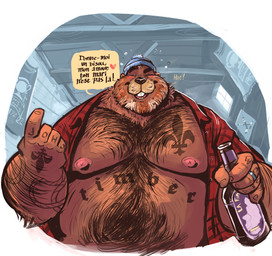 5_fingers alcohol anthro arm_hair beard belly_hair beverage black_nose blush body_hair buckteeth chest_hair clothed clothing dialogue drunk exclamation_point facial_hair fingers flirting hairy hat headgear headwear heart_symbol looking_at_viewer male moobs mustache nipples one_eye_closed open_clothing open_shirt open_topwear overweight overweight_anthro overweight_male plaid ring shirt solo speech_bubble substance_intoxication tattoo teeth text topwear wink dramamine beaver mammal rodent 2018 absurd_res english_text french_text hi_res translated