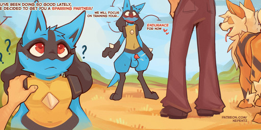 animal_genitalia animal_penis anthro anus biped blue_body blue_fur bodily_fluids butt canine_genitalia canine_penis erection feral fingers frown fur genitals group knot male penis quadruped question_mark rear_view red_eyes sheath sweat tail teeth text tongue trio nepentz nintendo pokemon arcanine generation_1_pokemon generation_4_pokemon human lucario mammal pokemon_(species) absurd_res english_text hi_res