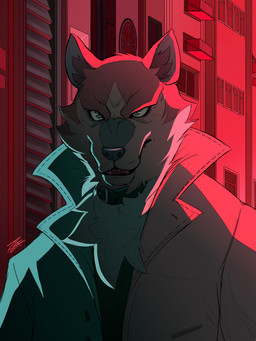 anthro black_collar blue_eyes blue_nose cheek_tuft clothed clothing coat collar facial_tuft front_view fur glistening glistening_eyes grey_body grey_clothing grey_coat grey_fur grey_topwear male open_mouth outside red_lighting solo topwear tuft crazydrak brand_new_animal studio_trigger shirou_ogami canid canine canis mammal wolf 2020 3:4 absurd_res dated half-length_portrait hi_res portrait signature