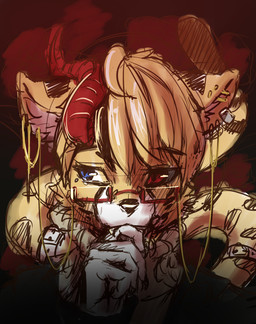 anthro barbell_piercing black_clothing black_topwear blonde_hair blue_eyes clothed clothing ear_piercing ear_ring eyewear front_view fur glasses glistening glistening_eyes hair horn industrial_piercing industrial_piercing_ladder looking_aside male piercing rectangular_glasses red_eyes red_horn ring_piercing simple_background solo topwear unsigned white_body white_fur yellow_body yellow_fur papayafurry felid mammal bust_portrait colored_sketch hi_res portrait sketch