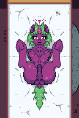 animal_genitalia animal_penis balls bed carpet equine_genitalia equine_penis feral fur furniture genitals green_hair hair heart_symbol hearts_around_head heterochromia high-angle_view hooves horn lying lying_on_bed magic male on_bed penis purple_body solo spread_legs spreading hantanyaw44 hasbro my_little_pony fan_character hanta equid equine horse mammal pony absurd_res digital_media_(artwork) hi_res pixel_(artwork)