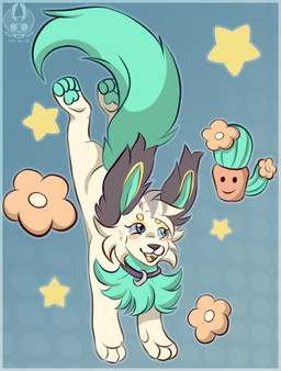 cactus cheek_tuft facial_tuft female feral fluffy fluffy_tail fur green_body green_fur happy neck_tuft plant smile smiley_face solo star tail tuft white_body white_fur airymiller nintendo pokemon generation_9_pokemon pokemon_(species) sprigatito full-length_portrait hi_res portrait