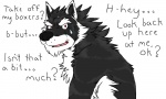 anthro black_body black_fur black_nose countershading fangs fur male nervous nude red_eyes simple_background solo teeth text tongue white_background white_body white_fur aluminemsiren orion_(aluminemsiren) canid canine canis mammal wolf 5:3 english_text