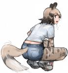 blush bodily_fluids bottomwear brown_eyes brown_hair butt clothed clothing crouching denim denim_clothing dipstick_tail female footwear hair legwear markings multicolored_hair multicolored_tail open_mouth rear_view shirt shoes short_hair shorts solo sweat tail tail_markings tights topwear two_tone_hair wet ibityuttyu kemono_friends african_wild_dog_(kemono_friends) african_wild_dog_humanoid animal_humanoid canid canid_humanoid canine canine_humanoid humanoid mammal mammal_humanoid hi_res