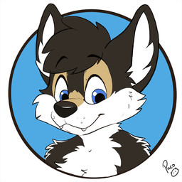 anthro black_hair black_nose blue_background blue_eyes cheek_tuft chest_tuft closed_smile facial_tuft fangs front_view fur hair inner_ear_fluff logo looking_at_viewer male male_anthro mouth_closed nude simple_background smile solo teeth tuft white_body white_fur white_inner_ear_fluff young young_anthro young_male pandapaco canid canine mammal 1:1 artist_logo bust_portrait portrait signature
