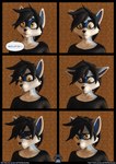 3d_(artwork) anthro black_hair blue_body blue_fur brother_(lore) clothing comic comic_panel digital_media_(artwork) expressions felix_(striped_sins) fur grid_layout hair hi_res learning male mammal procyonid raccoon realization regular_grid_layout shirt sibling_(lore) six_frame_grid six_frame_image solo speech_bubble striped_sins t-shirt text topwear url willitfit yellow_eyes