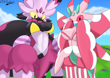 big_breasts breasts duo female palmorph pokemorph brushbyter nintendo palworld pocketpair pokemon arachnid arthropod generation_7_pokemon humanoid insect lurantis mantis pal_(species) pokemon_(species) spider tarantriss hi_res