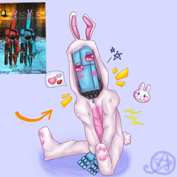 blue_body blue_metal blush blush_lines bodysuit cheek_blush circle_eyebrows clothed clothing costume cybernetics duo eyebrows fully_clothed glistening glistening_eyes happy holidays hood innocent_expression kigurumi long_face machine male metal metallic_body motion_lines onesie pajamas pawpads pink_blush pink_sclera piston purple_background scut_tail segmented_arms segmented_body short_tail simple_background skinsuit small_eyebrows solo_focus speech_bubble square_eyes star star_symbol tail tight_clothing why_the_long_face wire zipper zipper_topwear nacurenyzernomex easter new_blood_interactive ultrakill agony_(ultrakill) easter_bunny tundra_(ultrakill) cyborg humanoid robot robot_humanoid 1:1 digital_media_(artwork) full-length_portrait hi_res portrait reference_image signature