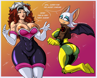 abs alternate_costume anthro areola bat_wings big_breasts big_butt border breasts brown_areola brown_nipples butt clothed clothing clothing_swap dialogue duo eyelashes female front_view fur glistening glistening_breasts huge_breasts membrane_(anatomy) membranous_wings muscular muscular_female nipple_slip nipples speech_bubble tan_body tan_fur tan_skin text thick_thighs thigh_gap tight_clothing wardrobe_malfunction white_body white_border white_fur wide_hips wings sa26comissions marvel sega sonic_the_hedgehog_(series) rogue_(marvel) rouge_the_bat bat human mammal hi_res