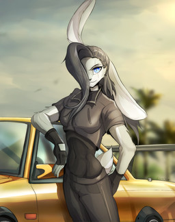 anthro black_clothing black_hair black_handwear blue_eyes clothing female hair handwear morning solo sunset yellow_car endjfcar rachel_(endjfcar) lagomorph leporid mammal rabbit hi_res