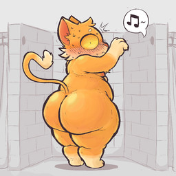 anthro arm_tuft belly big_butt big_ears blush blush_lines bodily_fluids breasts brick brick_wall butt cheek_tuft claws curtains elbow_tuft facial_tuft fitting_room fur gloves_(marking) leg_markings looking_at_viewer male markings moobs musical_note musical_symbol nipples nude orange_body orange_fur overweight overweight_anthro overweight_male paws rear_view side_boob snout socks_(marking) solo stealing sweat sweating_profusely symbol tail thick_thighs tuft wall_(structure) whistling yellow_eyes zlut385 squire_(salamikii) domestic_cat felid feline felis mammal 1:1 colored digital_drawing_(artwork) digital_media_(artwork) shaded