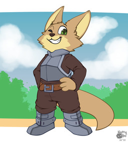 anthro asian_clothing clothed clothing east_asian_clothing fundoshi fur japanese_clothing knight male outside simple_background smile solo standing tail underwear warrior nutty_bo canid canine fennec_fox fox mammal true_fox hi_res