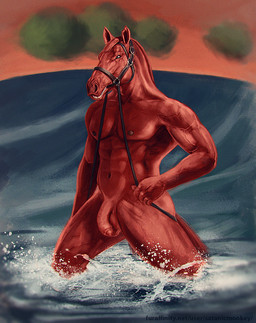 abs anthro balls bared_teeth biceps brown_nipples foreskin genitals glans hair humanoid_genitalia humanoid_penis male muscular muscular_anthro muscular_male navel nipples nude partially_submerged pecs penis red_balls red_body red_glans red_hair red_penis solo splash standing vein veiny_arms veiny_muscles veiny_pecs water satanic_monkey equid equine horse mammal hi_res