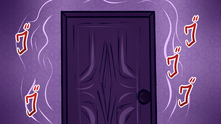 door medium_comic text wall_(structure) zero_pictured kiingkiismet menacing_(meme) 16:9 2021 comic digital_drawing_(artwork) digital_media_(artwork) flat_colors hi_res japanese_text meme purple_theme widescreen