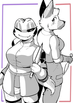 anthro armwear black_sclera breasts clothed clothed_anthro clothed_female clothing duo eyelashes facial_markings facial_piercing female fishnet_armwear fishnet_clothing fur glistening_eyelids hair head_markings holding_object holding_weapon kunai legwear lip_piercing looking_back markings muzzle_(marking) non-mammal_breasts one_eye_closed piercing smile thigh_highs topwear weapon conditional_dnp sonokido greater_ventura_city ventura_city_drifters olea_nightshade rose_naire amphibian canid canine canis domestic_dog frog german_shepherd herding_dog mammal pastoral_dog 2025 digital_media_(artwork) hi_res
