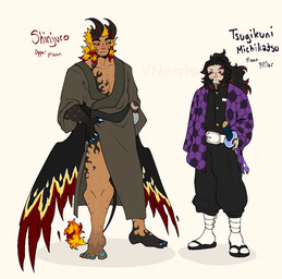 asian_clothing belt black_gradient_arms black_hair black_sclera blonde_hair blue_claws blue_nails body_hair brown_clothing brown_kimono claws clothed clothing colored_nails demon_slayer_uniform duo east_asian_clothing exposed_leg feathered_wings feathers fire flame_markings flaming_tail footwear gradient hair horn japanese_clothing katana kimono male markings melee_weapon nails pantsless pointy_ears purple_eyes purple_haori red_body_hair red_eyes red_hair_tips role_swap scar simple_background socks sword tabi_socks tail text weapon white_background white_belt wings yellow_body_hair yellow_eyes puppetmaster13uwu demon_slayer kimetsu_no_yaiba kokushibo_(demon_slayer) shinjuro_rengoku demon human humanoid mammal 2026