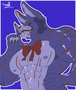 abs accessory anthro arm_tuft armpit_hair barazoku beard biceps black_claws body_hair bow_accessory bow_ribbon claws facial_hair fur long_ears male multicolored_body multicolored_fur muscular muscular_anthro muscular_male nipples paws pecs perspective purple_eyes scar smile smiling_at_viewer tuft whiskers pinumontbalou five_nights_at_freddy's five_nights_at_freddy's_4 scottgames nightmare_bonnie_(fnaf) lagomorph leporid mammal rabbit hi_res
