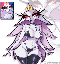 anthro big_breasts bikini breasts clothing crown curvy_figure feathers female glowing glowing_eyes headgear legwear navel red_sclera skindentation small_waist solo string_bikini swimwear thick_thighs thigh_highs two-piece_swimsuit voluptuous voluptuous_anthro voluptuous_female white_body white_feathers wide_hips grimmie2 hellaverse helluva_boss stella_(helluva_boss) avian bird owl owl_demon absurd_res hi_res