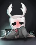 balls black_eyes blush bodily_fluids empty_eyes featureless_feet feet femboy genitals male mouthless penis seating small_penis solo sweat thick_thighs shady_mane hollow_knight team_cherry the_knight_(hollow_knight) vessel_(species) absurd_res hi_res