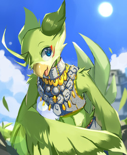 ambiguous_gender anthro aztec aztec_clothing blue_eyes building cloud facial_markings feathers gold_(metal) grass green_body green_feathers head_markings leaf markings outside plant silver_(metal) solo sunny winged_arms wings psibunny avian hi_res