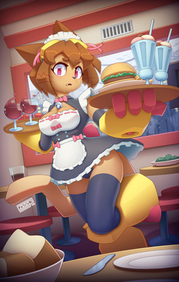 alcohol anthro beverage bow_tie breasts brown_body brown_hair burger clothing cosplay crossover_cosplay dessert eyebrows eyelashes eyewear eyewear_on_head female food goggles goggles_on_head hair ice_cream magenta_eyes maid_headdress maid_uniform panties panty_shot restaurant serving_food solo underwear uniform waiter whiskers wine z00p gameoverse glitch_productions nekopara chocola_(sayori) kit_bodega domestic_cat felid feline felis mammal 2026 crossover digital_media_(artwork) hi_res