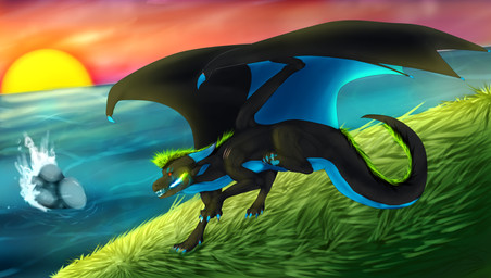 4_claws 4_toes belly black_body black_sclera blue_belly blue_claws blue_horn blue_pawpads breath_powers claws dewclaw elemental_manipulation evening feet feral fire fire_breathing fire_manipulation grass green_hair hair hill horn male membrane_(anatomy) membranous_wings multicolored_body pawpads plant red_eyes rock sea sharp_teeth solo sun sunset tail teeth toes two_tone_body water wave wing_claws wings zyria mythology crashing_wave scar_the_dragon dragon mythological_creature mythological_scalie scalie hi_res