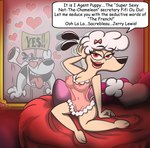 anthro bed breasts clothing crossgender dialogue female furniture genitals hair heart_eyes heart_symbol hearts_around_head looking_at_viewer male markings mirror mirror_reflection mole_(marking) nightgown on_bed pink_body pose pussy red_eyes reflection sign speech_bubble tongue tongue_out toony translucent translucent_clothing white_body white_hair shinragod nickelodeon t.u.f.f._puppy dudley_puppy fifi_oui_oui canid canine canis domestic_dog mammal poodle 2012 colored shaded