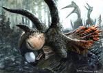 egg feral group horn open_mouth realistic solo_focus tuomas_koivurinne azhdarchid ceratopsian dinosaur ornithischian prehistoric_species pterosaur reptile scalie triceratops triceratops_horridus 2018 hi_res traditional_media_(artwork)