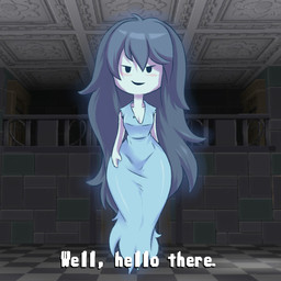 blush clothed clothing dialogue dress female looking_at_viewer not_furry smile solo text wide_hips plagueofgripes spooky's_jump_scare_mansion spooky_(sjm) ghost humanoid spirit 1:1 2016 english_text hi_res