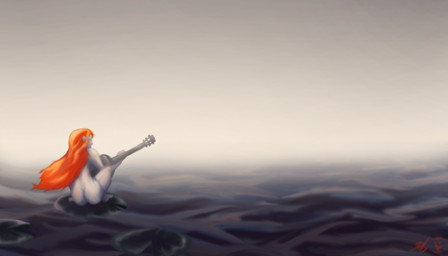 acoustic_guitar barefoot butt crouching feet female grey_background guitar hair holding_object human_only humanoid_feet lily_pad long_hair musical_instrument not_furry nude orange_hair pale_skin plant plantigrade plucked_string_instrument simple_background slim solo string_instrument water rimpala human mammal siren 7:4 grandfathered_content hi_res