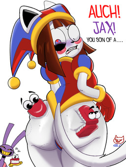 alternate_species anthro bite_mark blue_eyes butt camel_toe female female_anthro furrification humor male male_anthro multicolored_eyes no_pupils pinwheel_eyes purple_body red_eyes simple_background tail teeth toy white_background white_body yellow_teeth gomezcat glitch_productions the_amazing_digital_circus jax_(tadc) pomni_(tadc) felid feline lagomorph leporid mammal rabbit 2023 hi_res