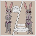 anthro azaleyle clothing disney english_text female fur grey_body grey_fur hi_res judy_hopps lagomorph leporid mammal nipple_piercing nipples piercing rabbit solo text underwear zootopia