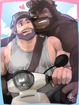 anthro armor beard big_muscles big_pecs blush brown_body brown_fur brown_hair clothing duo facial_hair fur hair headgear heart_symbol helmet holding_partner human_on_anthro interspecies larger_anthro larger_male male male/male muscular muscular_anthro muscular_human muscular_male mustache nipples pecs purple_hair riding romantic romantic_couple scooter shirt size_difference smaller_human smaller_male tank_top topwear ashikakoshika bear human mammal 3:4 hi_res signature