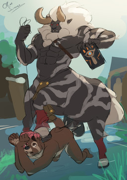 anal anal_penetration anthro anthro_on_taur anthro_penetrated bareback black_body black_fur bodily_fluids brown_body brown_fur cum cum_in_ass cum_inside duo fur genital_fluids hair hooves horn male male/male male_penetrated male_penetrating male_penetrating_male multicolored_body multicolored_fur nature nature_background penetration penile penile_penetration penis_in_ass pink_hair quadruped red_eyes rope sex sheikah_slate tablet_computer taur_penetrating taur_penetrating_anthro two_tone_body two_tone_fur water white_hair otterscience breath_of_the_wild nintendo the_legend_of_zelda elle_(otterscience) equid equid_taur humanoid_taur lynel mammal mammal_taur mustelid otter taur absurd_res hi_res